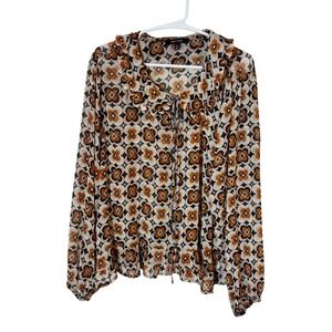 New Look Womens 2X Retro 70s Geometric Floral Chiffon Ruffle Tie Front Blouse